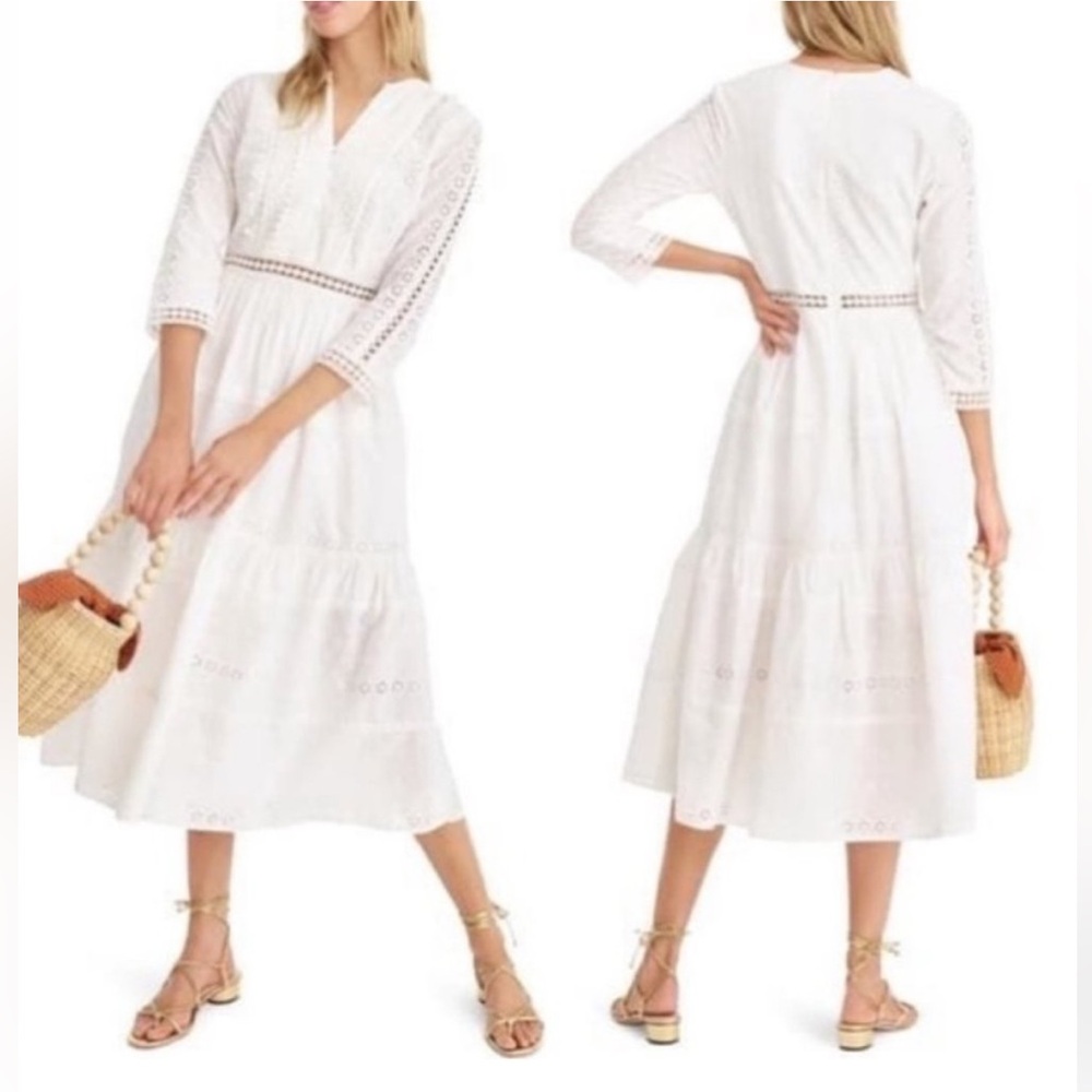 J. Crew Ranna White Eyelet Lace Tiered 3/4 Sleeve Cotton Floral Midi Dress Sz 4